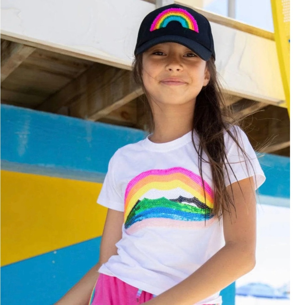 Lola + The Boys White Short Sleeve Tee with Rainbow Sequin Design